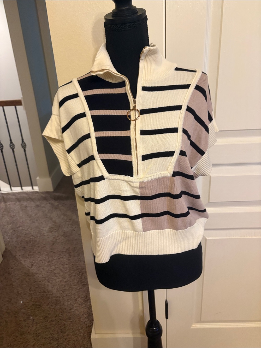 entro Cream, Black & Taupe Striped Short-Sleeve Zip Polo Sweater